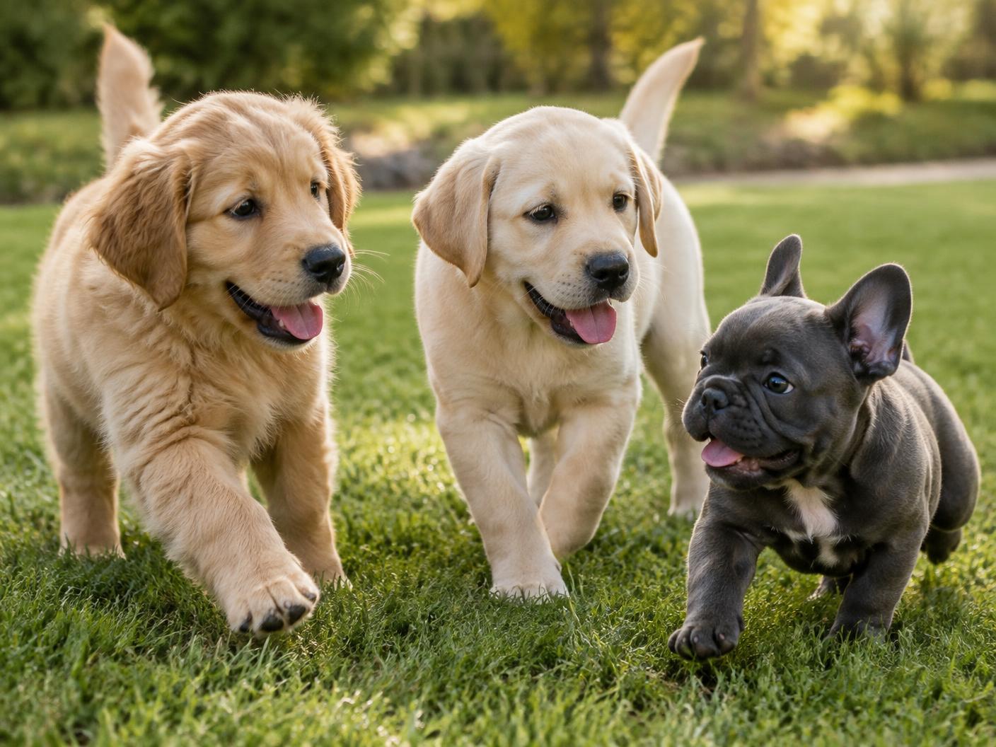 Golden Retriever, Labrador and French Bulldog puppies playing — temporary illustrative image